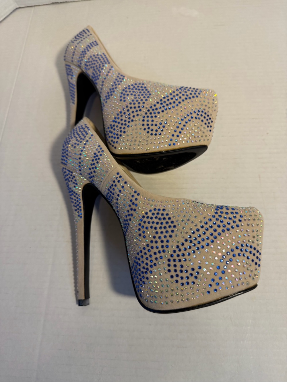 Machi Beige Platform Stiletto Heels with Blue Rhinestones 7.5